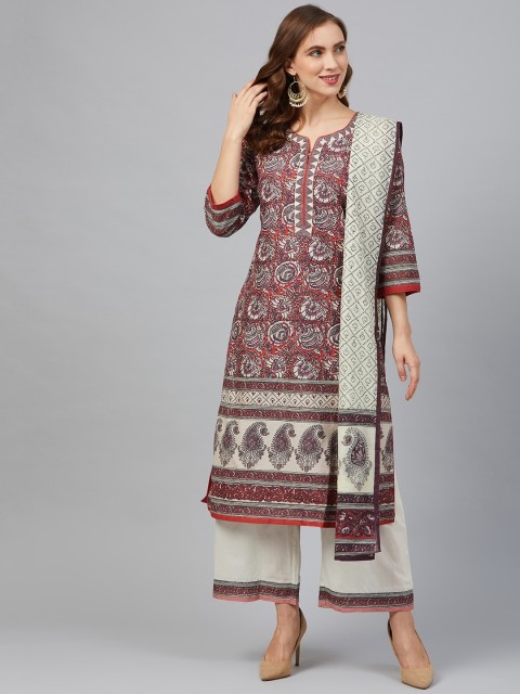 

Biba Women Red & Off-White Printed Kurta with Palazzos & Dupatta