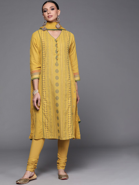 

Biba Women Mustard Yellow Striped Regular Thread Work Pure Cotton Kurta with Churidar & With Dupatta