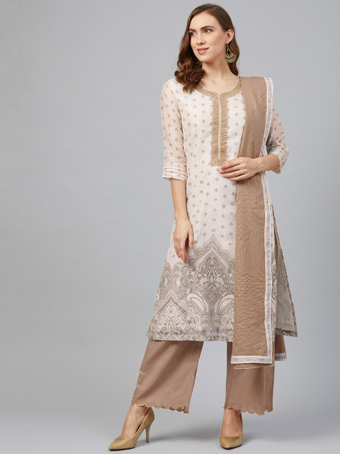 

Biba Women Off-White & Brown Printed Kurta with Palazzos & Dupatta