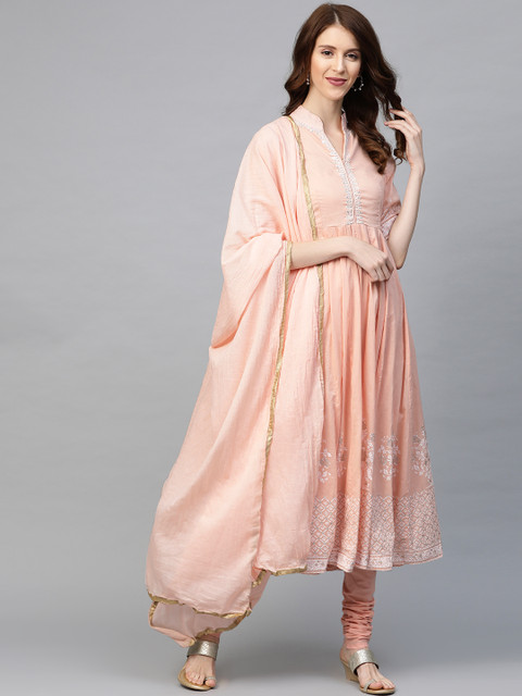 

Biba Women Peach-Coloured & White Yoke Design Kurta with Churidar & Dupatta