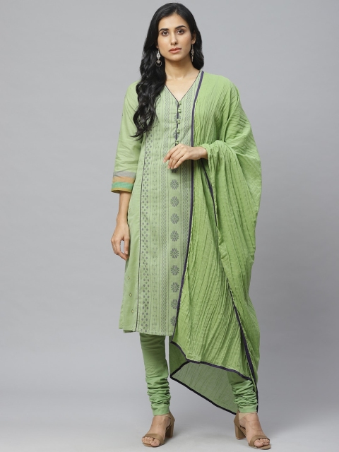 

Biba Women Green & Navy Blue Printed Kurta with Churidar & Dupatta