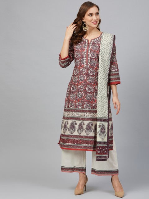 

Biba Women Rust Red & Off-White Printed Kurta with Palazzos & Dupatta