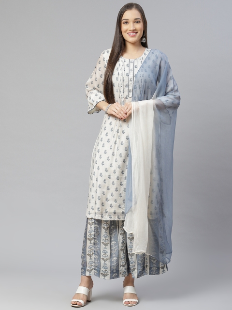 

Biba Women Off-White & Green Ethnic Motifs Printed Kurta with Palazzos & Dupatta