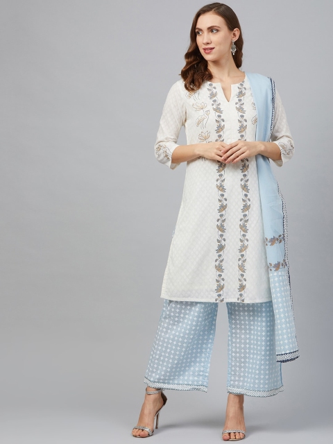 

Biba Women Off-White & Blue Printed Kurta with Palazzos & Dupatta