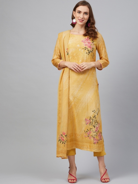 

Biba Women Mustard Yellow & Pink Floral Printed Kurta with Trousers & Dupatta