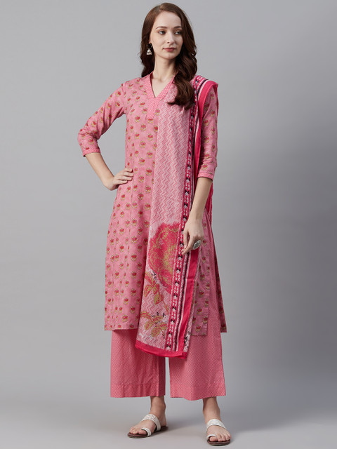 

Biba Women Pink Printed Kurta with Palazzos & Dupatta