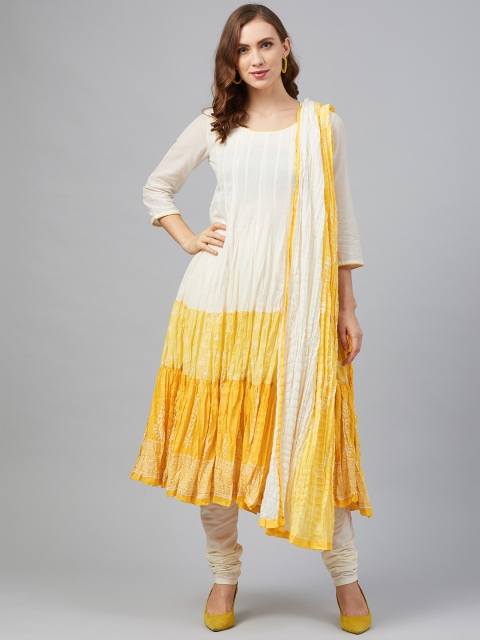 

Biba Women Off-White & Yellow Colourblocked Kurta with Churidar & Dupatta