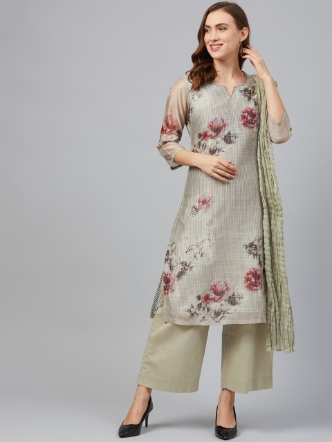 

Biba Women Green & Pink Floral Printed Kurta with Palazzos & Dupatta
