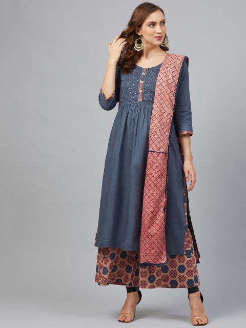 

Biba Women Blue & Pink Yoke Design Kurta with Palazzos & Dupatta