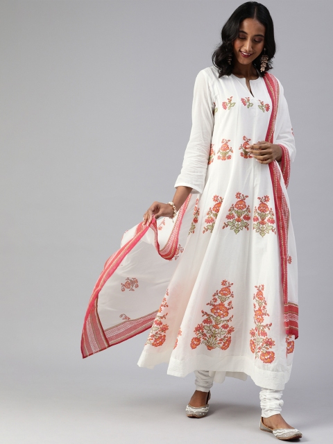 

Biba Women Off-White & Red Floral Printed Anarkali Kurta with Churidar & Dupatta