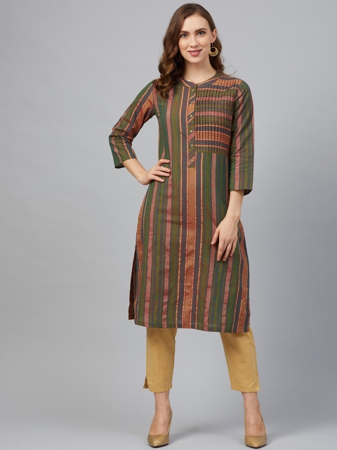 

Biba Women Green & Red Self-Striped Straight Kurta