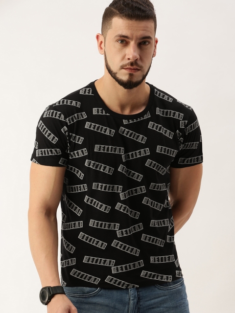 

Moda Rapido Men Black Grey Printed Round Neck Pure Cotton T-shirt