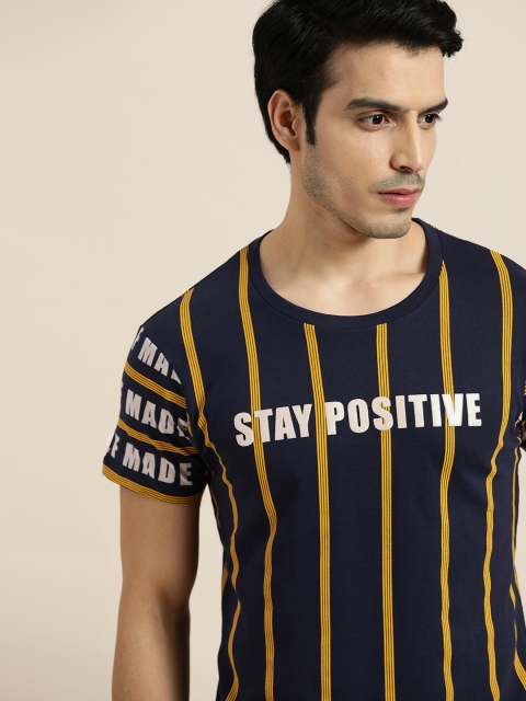 

Moda Rapido Men Navy Blue Mustard Yellow Striped Round Neck Pure Cotton T-shirt with Printed Detail