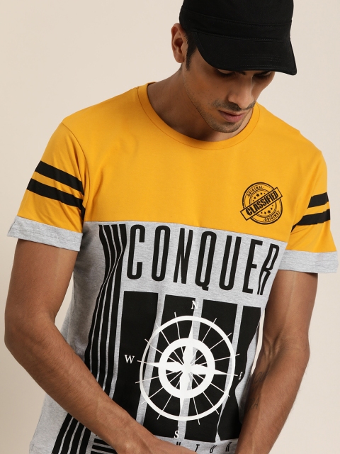 

Moda Rapido Men Grey Yellow Printed Round Neck Pure Cotton T-shirt