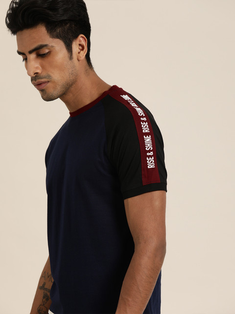 

Moda Rapido Men Navy Blue Maroon Solid Round Neck Pure Cotton T-shirt with Contrast Sleeve