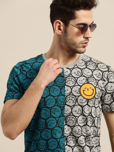 

Moda Rapido Men Teal Blue & Grey Melange Quirky Printed Round Neck T-shirt