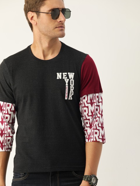 

Moda Rapido Men Charcoal Grey Maroon Solid Round Neck Pure Cotton T-shirt with Printed Detail