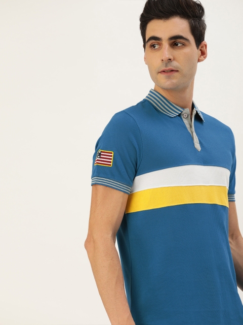 

Moda Rapido Men Blue & Yellow Striped Polo Collar T-shirt