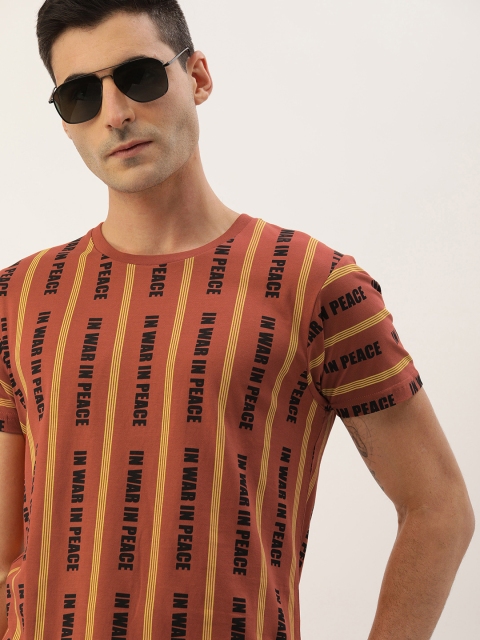 

Moda Rapido Men Rust Orange & Yellow Striped Round Neck T-shirt with Printed Detail