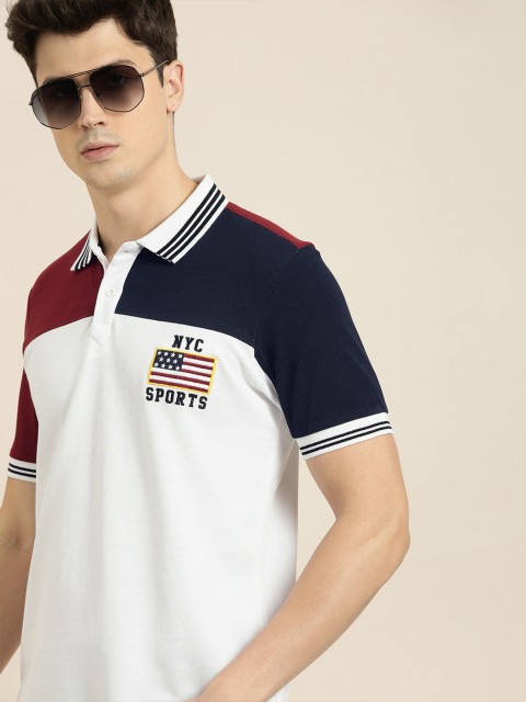 

Moda Rapido Men White & Navy Blue Colourblocked Polo Collar T-shirt with Applique