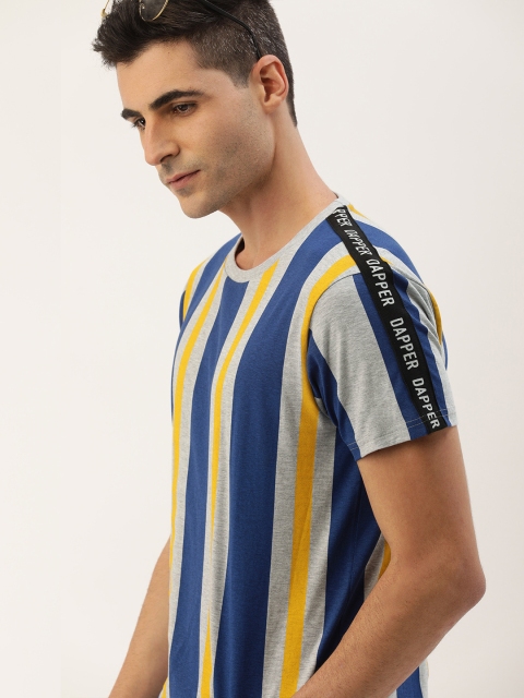 

Moda Rapido Men Grey Melange & Blue Striped Round Neck T-shirt with Taping Detail