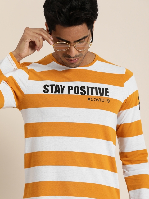 

Moda Rapido Men White & Mustard Yellow Striped Round Neck T-shirt