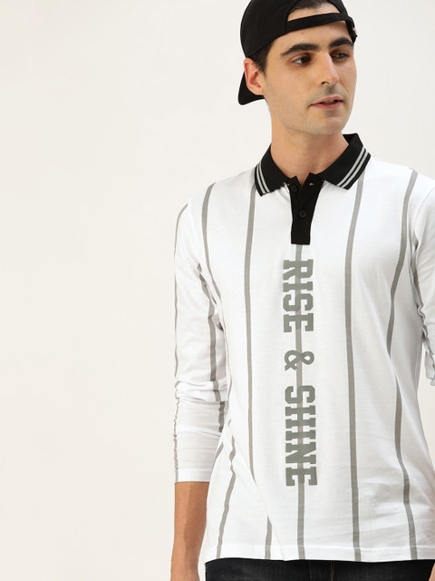 

Moda Rapido Men White & Grey Striped Polo Collar T-shirt