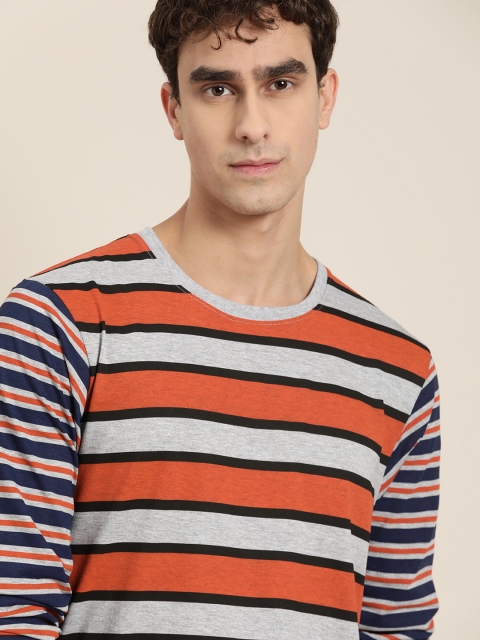 

Moda Rapido Men Orange & Grey Melange Pure Cotton Striped Round Neck T-shirt