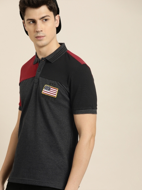 

Moda Rapido Men Charcoal Grey & Maroon Colourblocked Polo Collar T-shirt with Applique