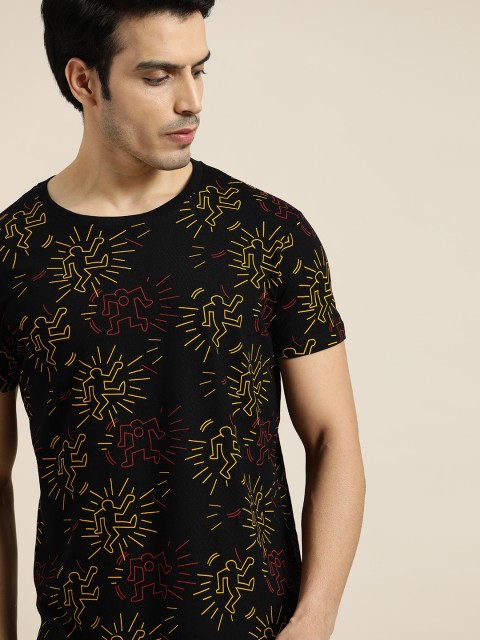 

Moda Rapido Men Black Yellow Graphic Print Round Neck Pure Cotton T-shirt