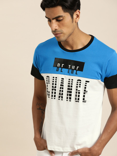 

Moda Rapido Men White Blue Colourblocked Round Neck Pure Cotton T-shirt