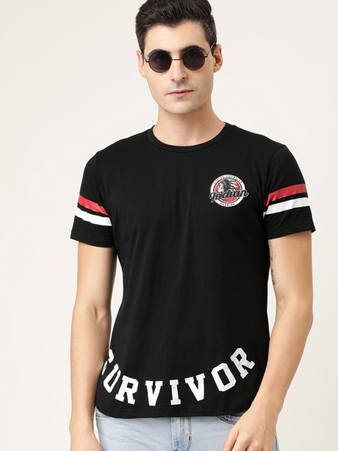 

Moda Rapido Men Black Printed Round Neck T-shirt with Sleeve Stripes