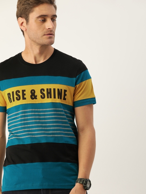 

Moda Rapido Men Teal Blue & Black Striped Round Neck T-shirt with Printed Detail