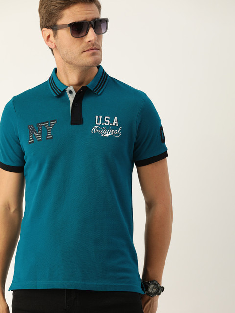 

Moda Rapido Men Teal Printed Polo Collar T-shirt