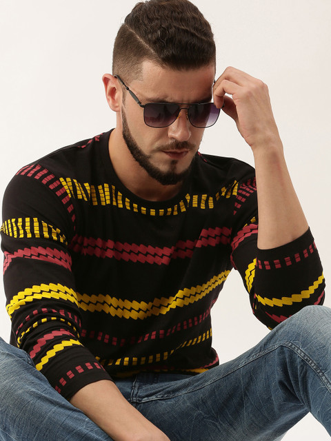 

Moda Rapido Men Black & Yellow Striped Round Neck T-shirt