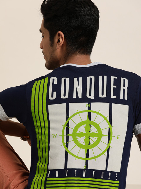 

Moda Rapido Men Navy Blue White Nautical Printed Round Neck Pure Cotton T-shirt