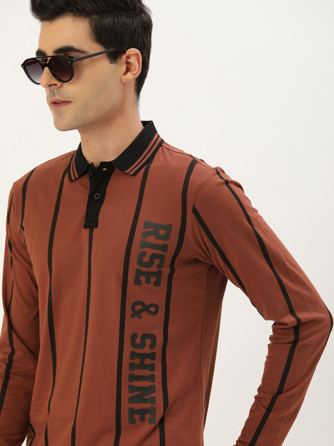 

Moda Rapido Men Rust Brown Black Striped Polo Collar Pure Cotton T-shirt