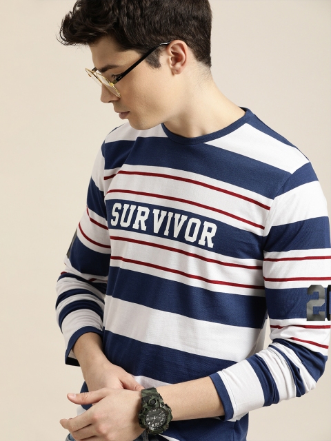 

Moda Rapido Men White & Navy Blue Striped Round Neck T-shirt