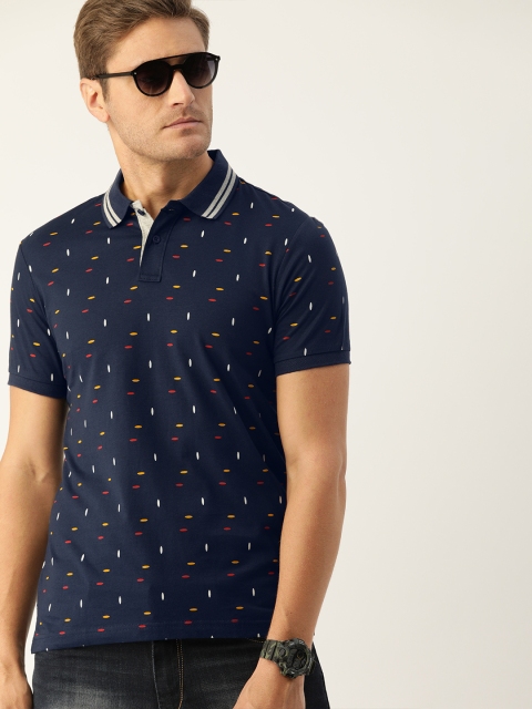 

Moda Rapido Men Navy Blue White Printed Polo Collar Pure Cotton T-shirt
