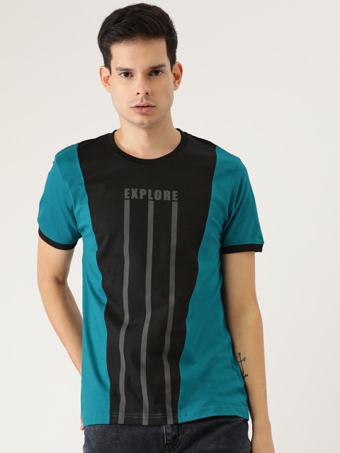 

Moda Rapido Men Teal Blue & Black Colourblocked Round Neck T-shirt