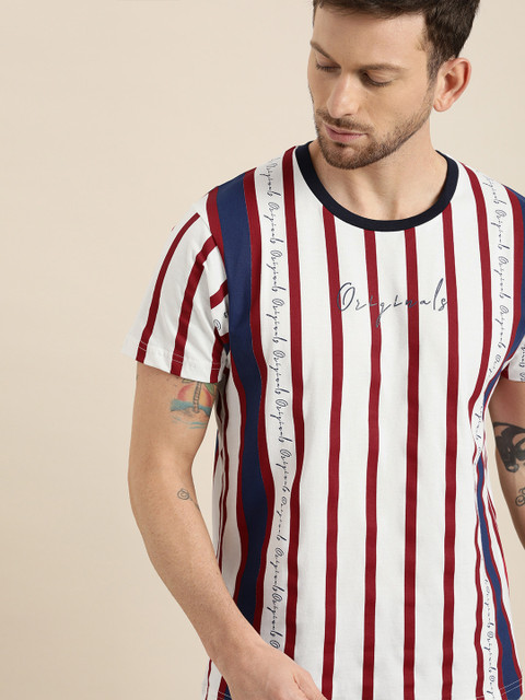 

Moda Rapido Men White & Red Striped Round Neck T-shirt