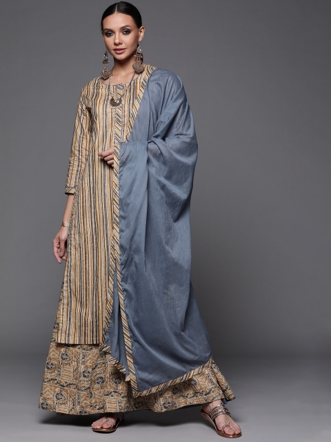 

Biba Women Beige Striped Panelled Sequinned Pure Cotton Kurta with Palazzos & With Dupatta