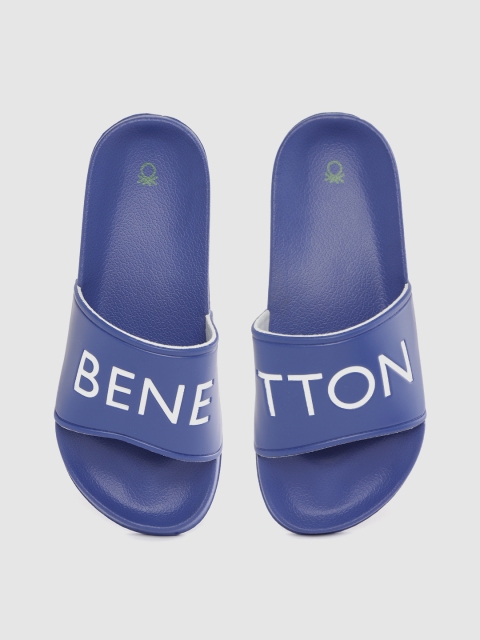 

United Colors of Benetton Women Blue & White Brand Logo Print Sliders
