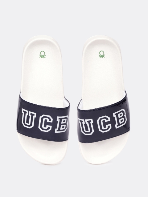 

United Colors of Benetton Women Navy Blue & White Brand Logo Print Sliders