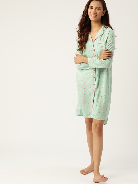 

DressBerry Women Green & Pink Heart Print Sleep Shirt