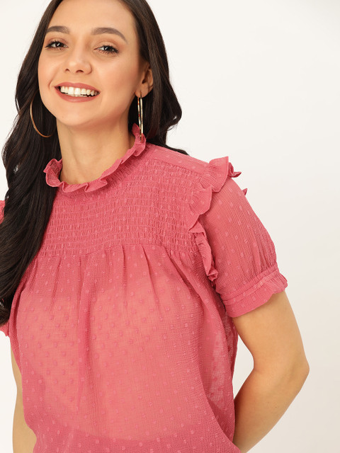 

DressBerry Women Pink Self Design Semi-Sheer Top