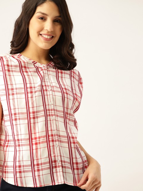 

DressBerry Women White & Maroon Checked Shirt Style Top