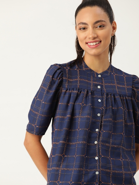 

DressBerry Women Navy Blue & Orange Regular Fit Checked Casual Shirt