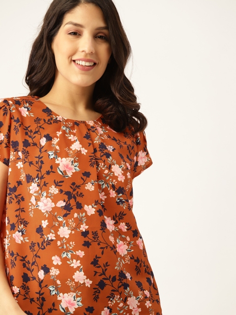 

DressBerry Women Rust Brown & Navy Blue Floral Print Top