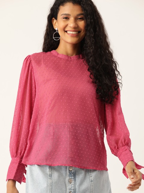 

DressBerry Women Pink Dobby Weave Semi-Sheer Top
